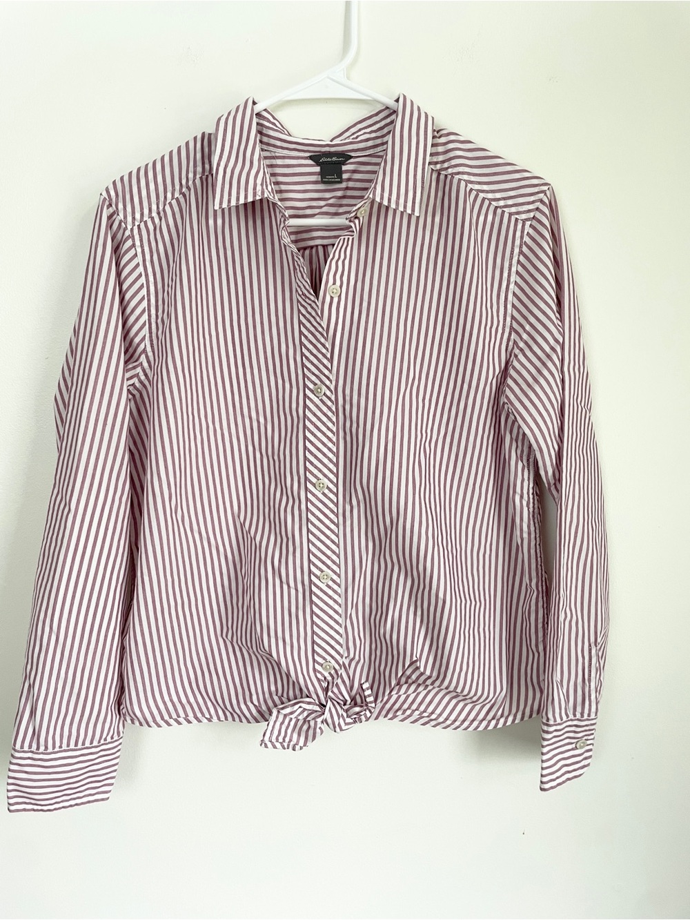 Eddie Bauer Purple and White Striped Button-Front Tie-Hem Shirt